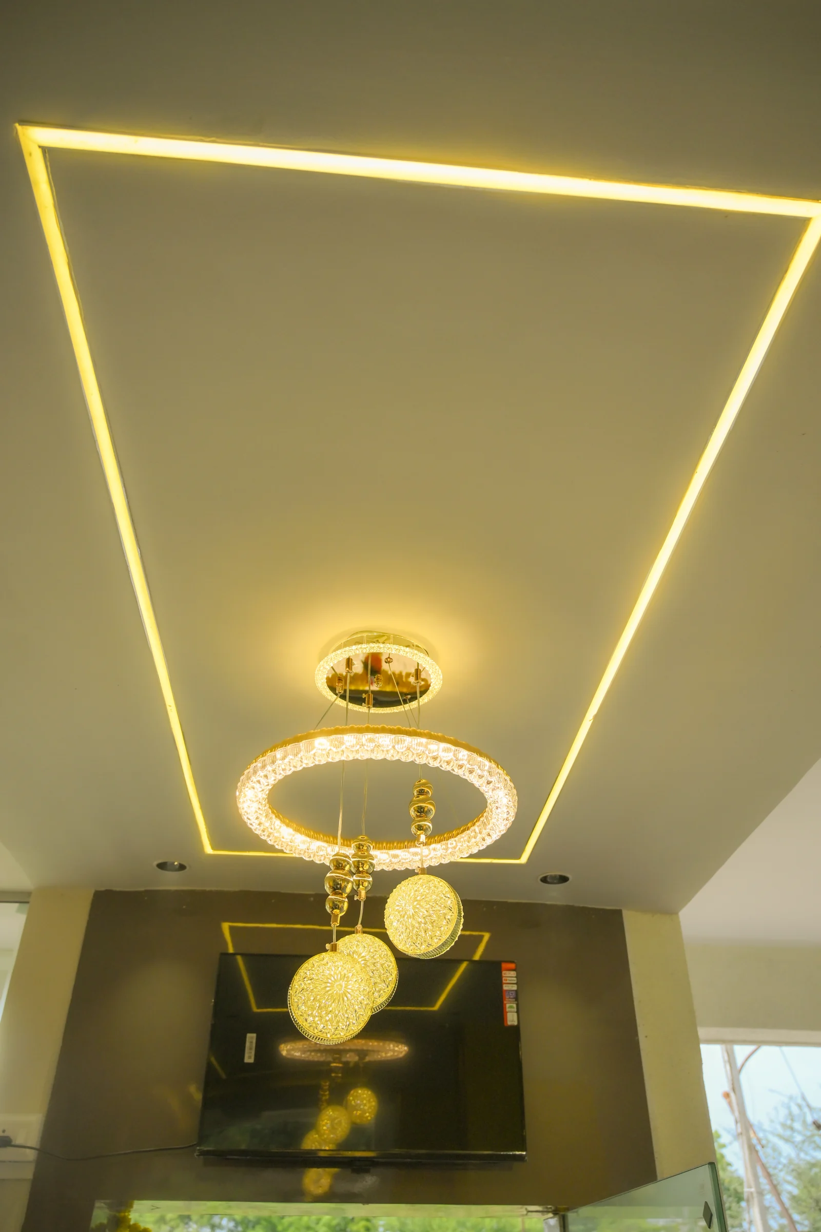 Designer Reception & Interior Ceiling with Warm Cove Lighting & Chandelier